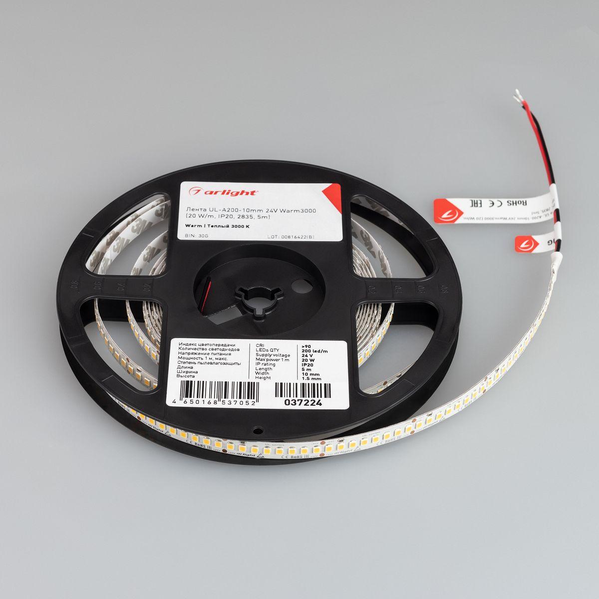 Светодиодная лента Arlight 20W/m 200LED/m 2835SMD теплый белый 5M UL-A200-10mm 24V Warm3000 037224