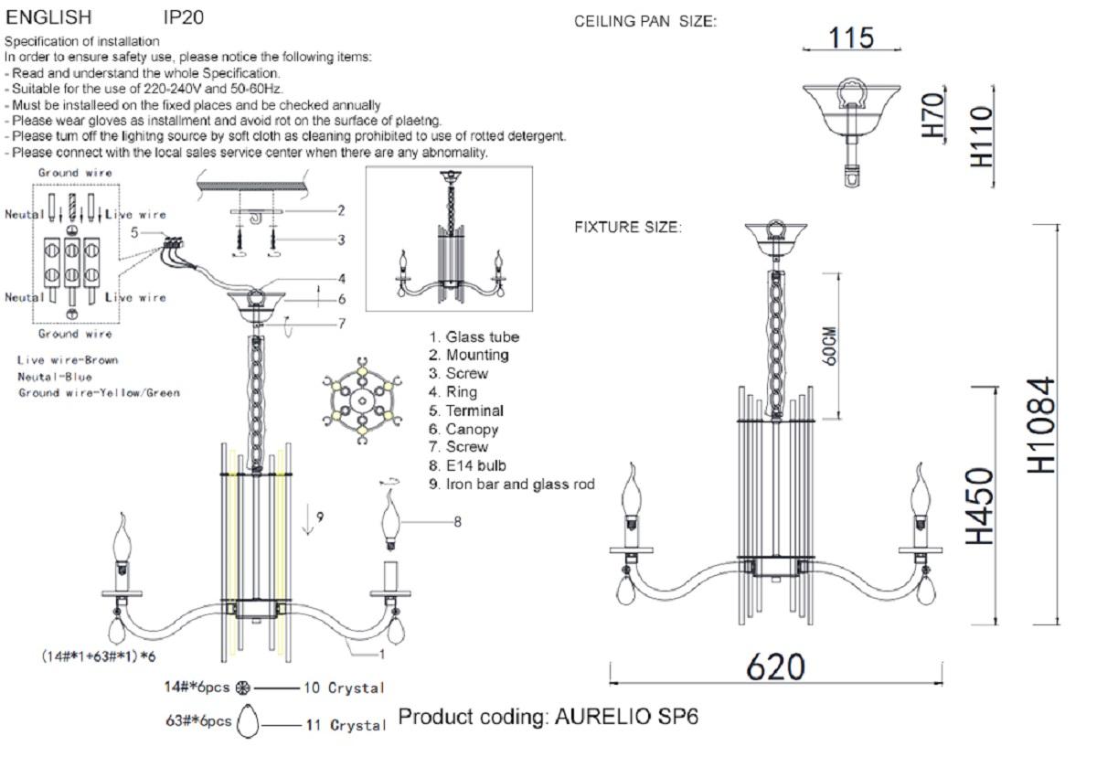 Подвесная люстра Crystal Lux AURELIO SP6 GOLD+CHROME/TRANSPARENT