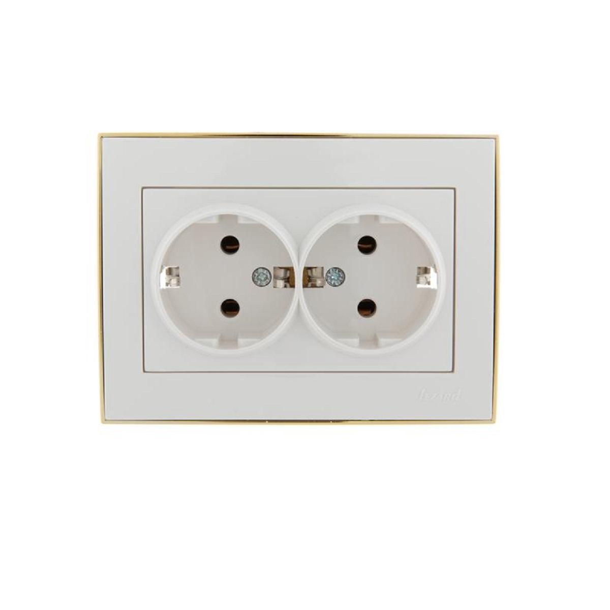 Розетка 2-ая с зазем. Lezard Rain белая с бок. вст. золото 703-0226-127