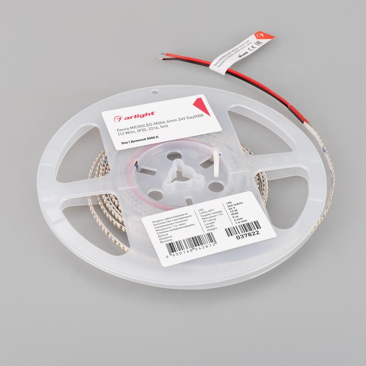 Светодиодная лента Arlight 12W/m 266LED/m 2216SMD дневной белый 5M MICROLED-M266-4mm 24V Day5000 037822