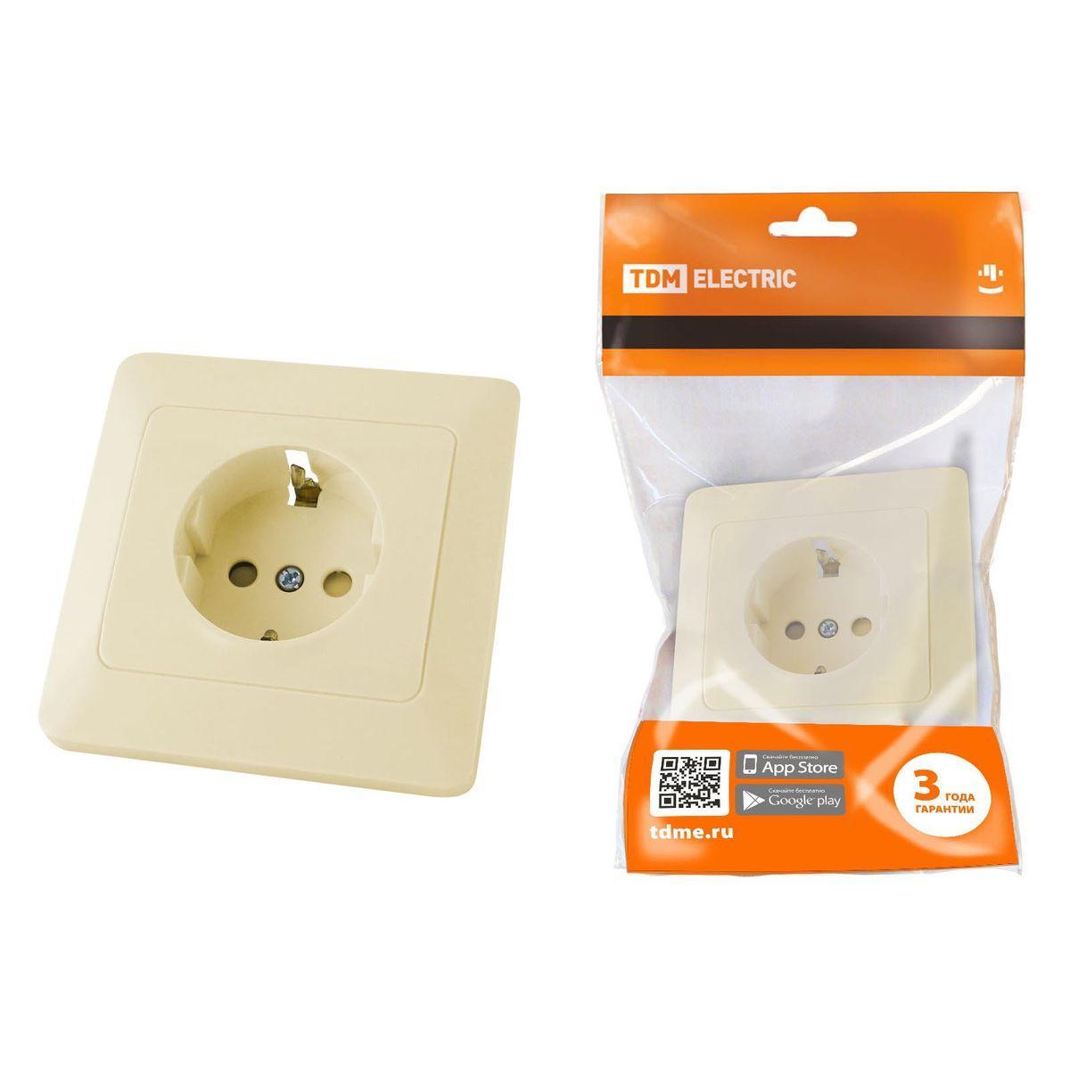 Розетка 2P+PE TDM Electric Ильмень со шторками слоновая кость SQ1823-0114
