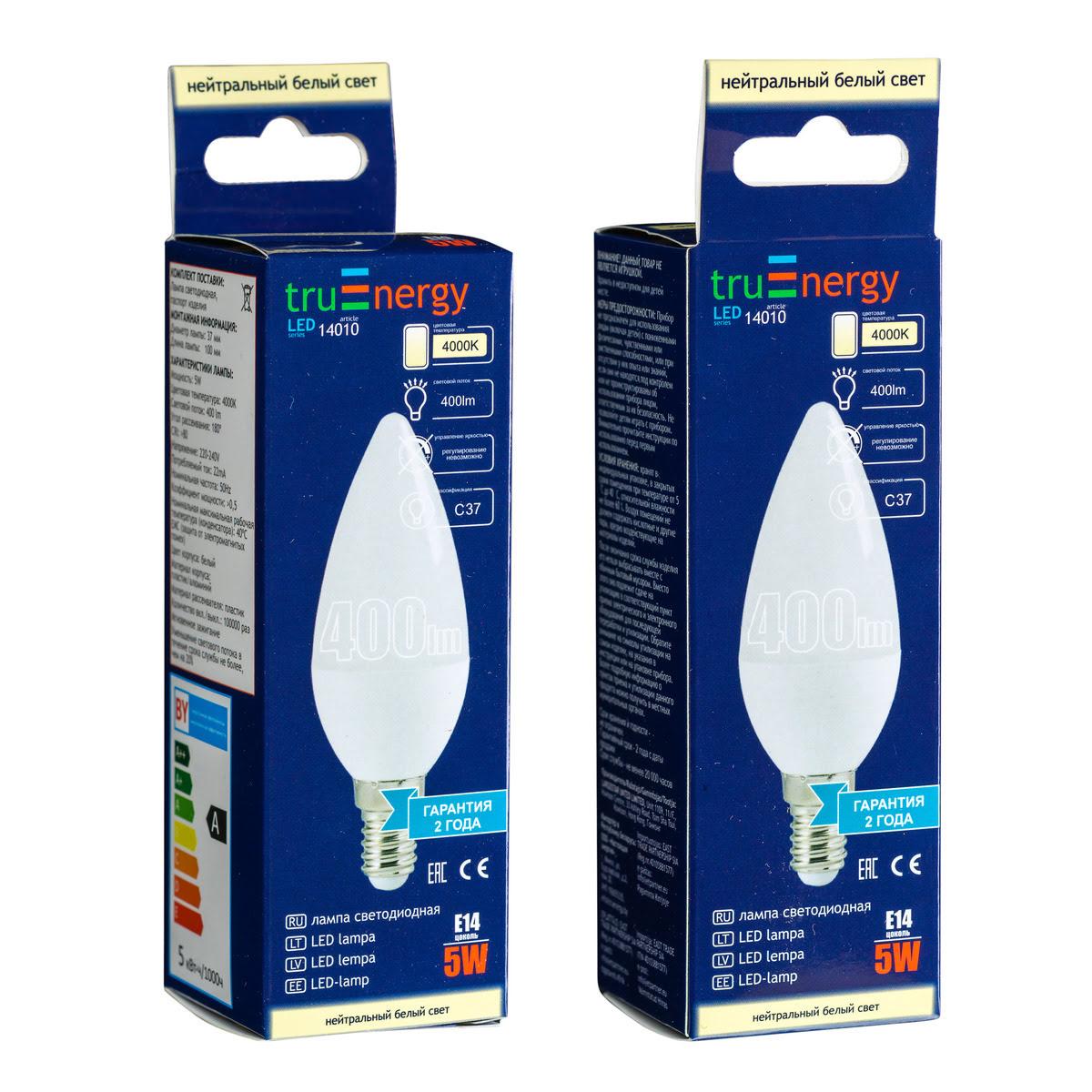 Лампа светодиодная truEnergy 5W, CA37, E27, 4000K 14140