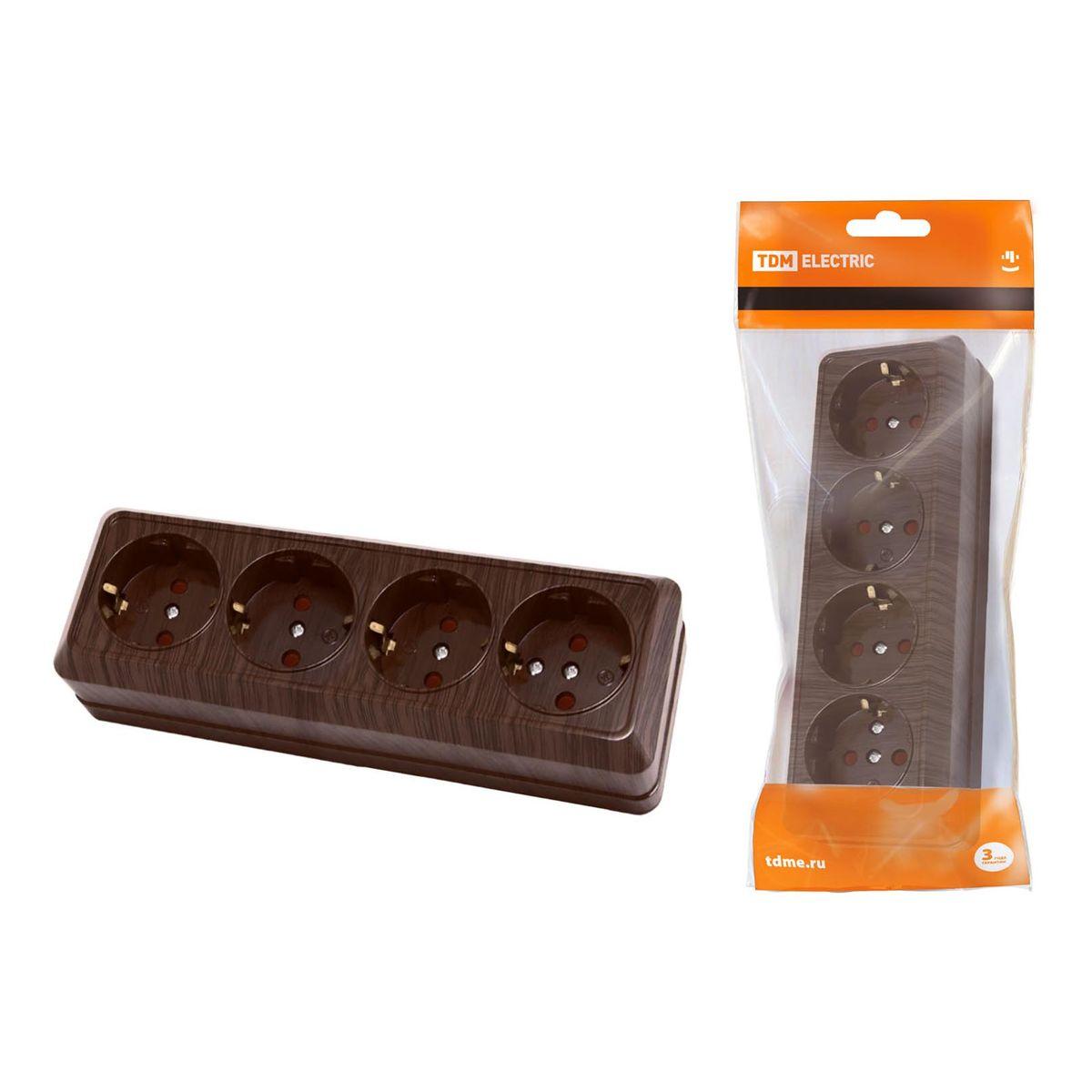 Розетка четырехместная 2P+PE TDM Electric Ладога со шторками бук SQ1801-0331