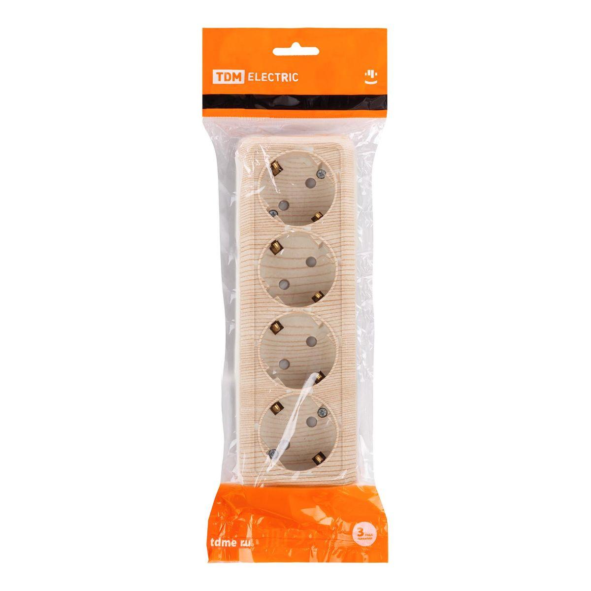 Розетка четырехместная 2P+PE TDM Electric Ладога со шторками сосна SQ1801-0431