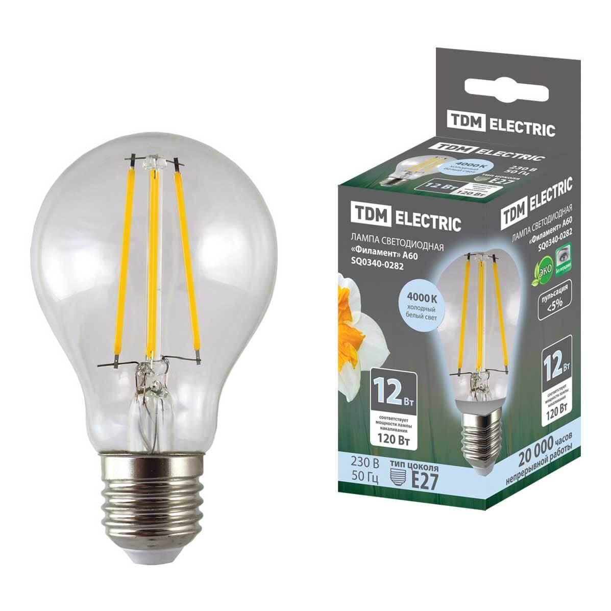 Лампа светодиодная филаментная TDM Electric E27 12W 4000K прозрачная SQ0340-0282