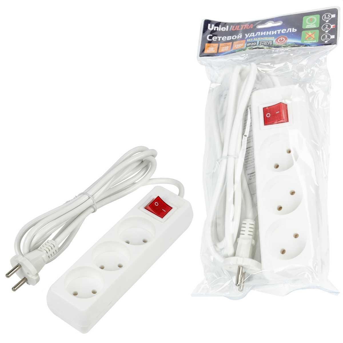 Удлинитель Uniel Ultra 3гн х 2м б/з S-CU3-2B White UL-00009994