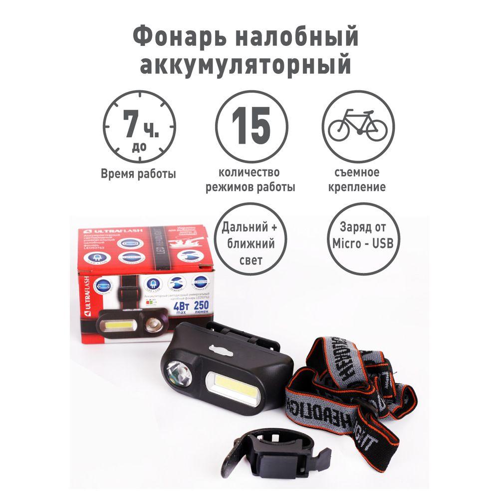 Налобный светодиодный фонарь Ultraflash Headlite аккумуляторный 85х60 250 лм LED53763 14504