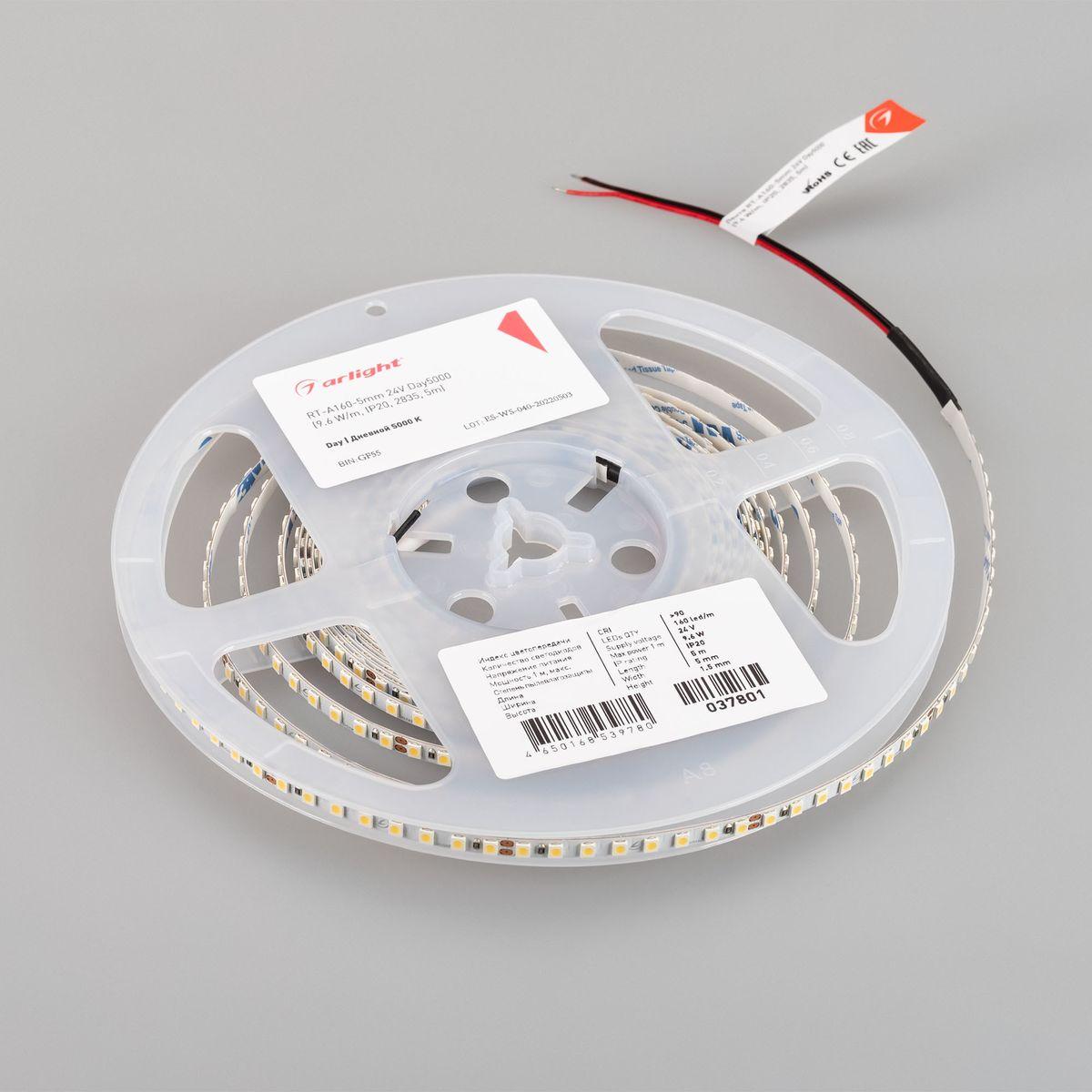 Светодиодная лента Arlight 9,6W/m 160LED/m 2835SMD дневной белый 5M RT-A160-5mm 24V Day5000 037801